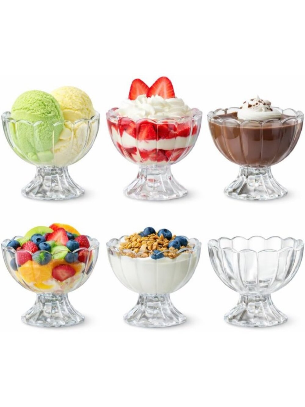 Set of 6 Vintage Glass Dessert Bowls - Footed Tulip Ice Cream Cups for Sundaes